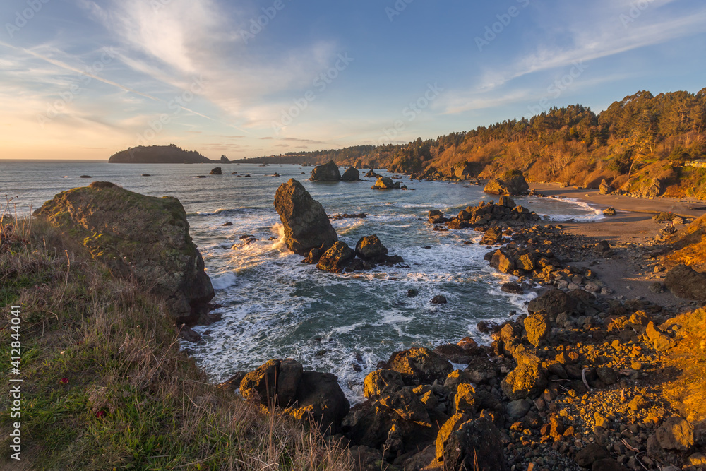 Sunset over Californian Pacific coast line in Trinidad Bay 