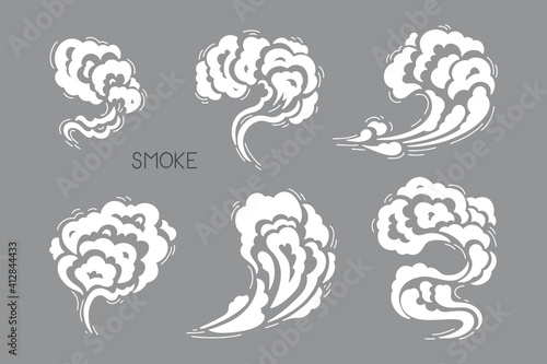Cartoon Smoke, Clouds, Fog or Steam. Doodle Steam Cloud White Silhouettes Vector Set
