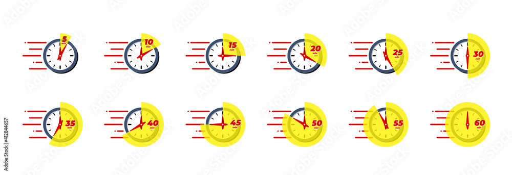 Timer and stopwatch icon set. Kitchen cooking or fast express delivery time labels with different minutes. Sport clock or deadline countdown symbol collection vector isolated eps illustation