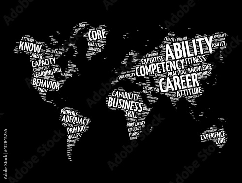 Ability word cloud in shape of world map, concept background