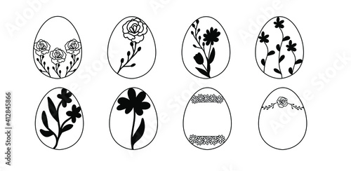 Decorative floral easter eggs with wildflowers. Herbs and flowers egg set. Hand drawn doodle farmhouse illustrations with buttercup, rosehip, herbs