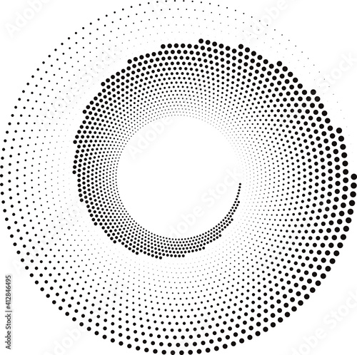 Dotted, dots, speckles abstract concentric circle. Spiral, swirl, twirl element.Circular and radial lines volute, helix.Segmented circle with rotation.Radiating arc lines.Cochlear, vortex illustration