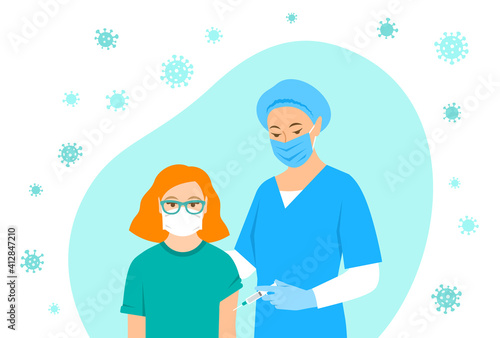 Female nurse gives shot of vaccine to shoulder of patient in hospital. Health worker using syringe to make injection to young girl in mask. Coronavirus vaccination concept. Flat vector illustration