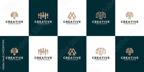 set of Letter M line logo design. Linear creative minimal monochrome monogram symbol. Universal elegant vector sign design. Premium business logotype.alphabet symbol for corporate business identity