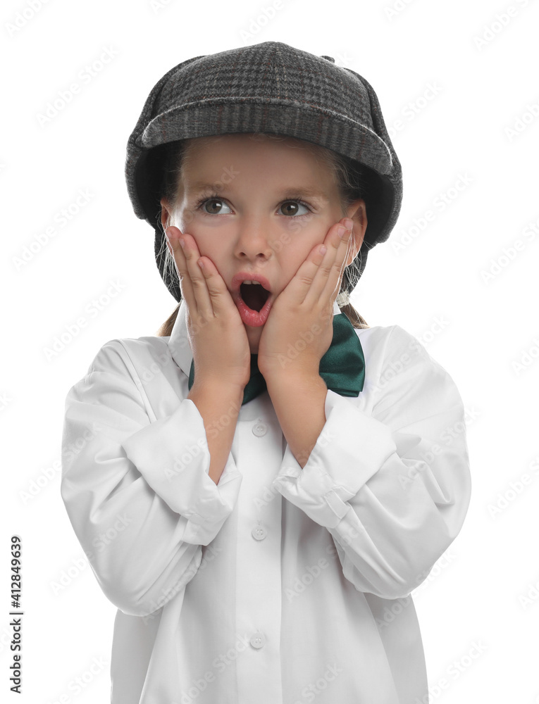 Surprised little detective in hat on white background Surprised little detective in hat on white background