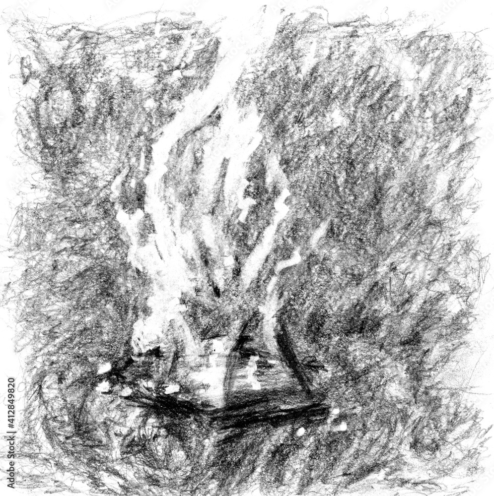 bonfire at night, pencil drawing illustration. High contrast fire background