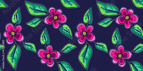 Embroidery Flowers Seamless Pattern