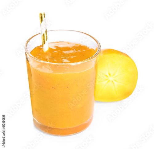 Tasty persimmon smoothie with straw and fresh fruit isolated on white