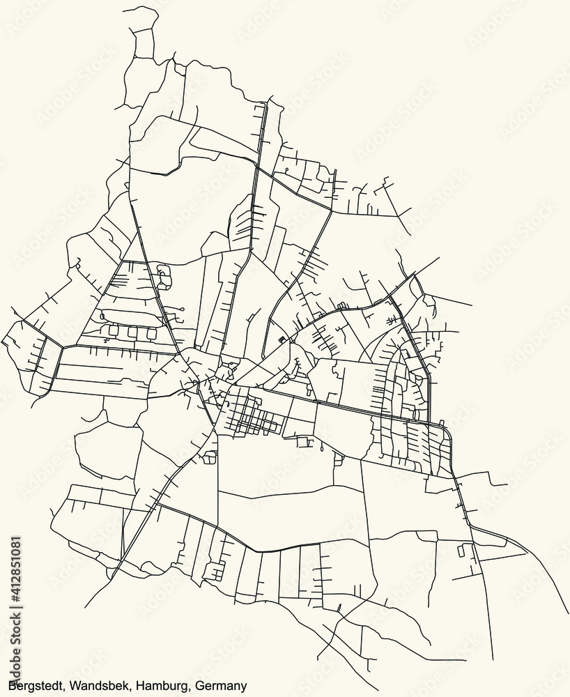 Obraz premium Black simple detailed street roads map on vintage beige background of the neighbourhood Bergstedt quarter of the Wandsbek borough (bezirk) of the Free and Hanseatic City of Hamburg, Germany