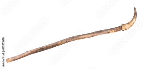 shepherd stick,ancient wooden staff with horn isolated on white background