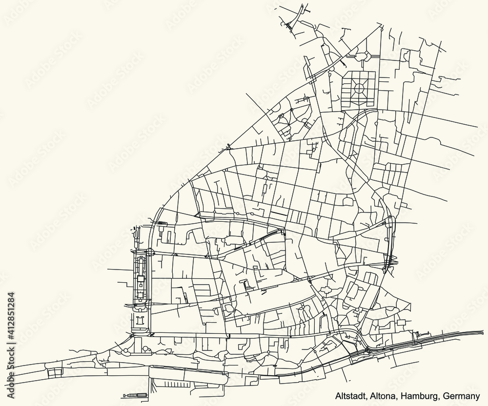 Black simple detailed street roads map on vintage beige background of the neighbourhood Altona-Altstadt quarter of the Altona borough (bezirk) of the Free and Hanseatic City of Hamburg, Germany