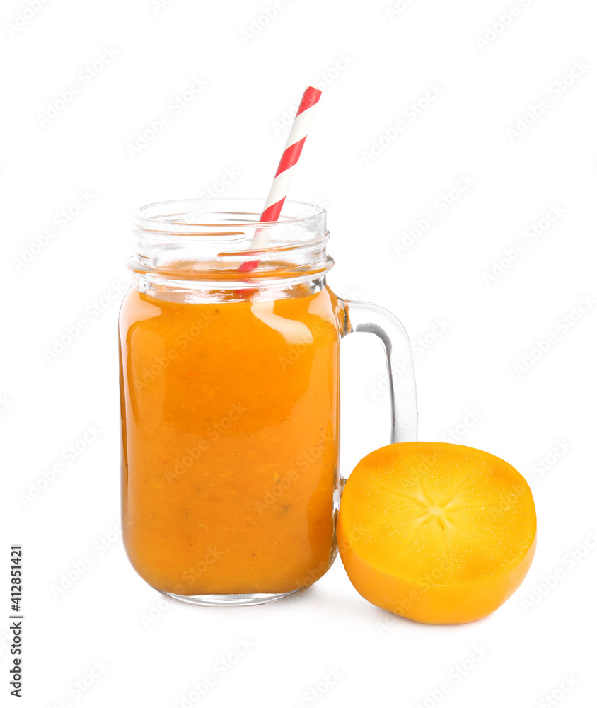Tasty persimmon smoothie with straw and fresh fruit isolated on white Tasty persimmon smoothie with straw and fresh fruit isolated on white