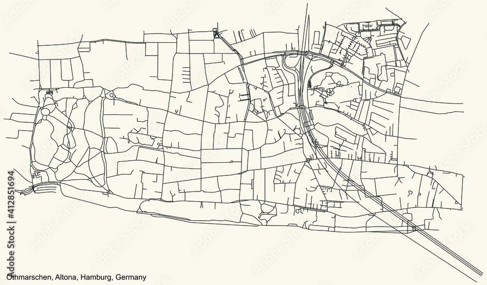 Black simple detailed street roads map on vintage beige background of the neighbourhood Othmarschen quarter of the Altona borough (bezirk) of the Free and Hanseatic City of Hamburg, Germany
