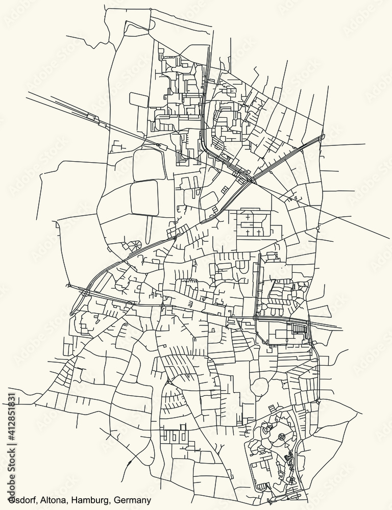 Black simple detailed street roads map on vintage beige background of the neighbourhood Osdorf quarter of the Altona borough (bezirk) of the Free and Hanseatic City of Hamburg, Germany