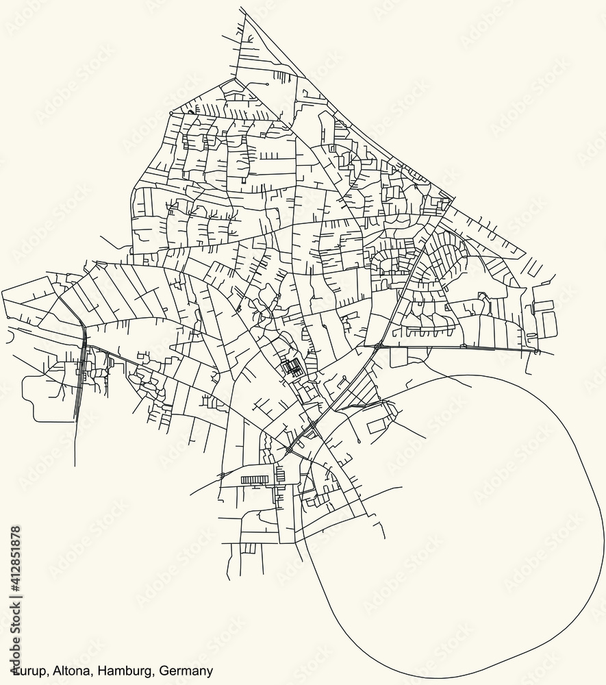 Fototapeta premium Black simple detailed street roads map on vintage beige background of the neighbourhood Lurup quarter of the Altona borough (bezirk) of the Free and Hanseatic City of Hamburg, Germany