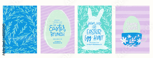 Easter brunch, egg hunt party invitation, greeting card and background set. Tea cup with egg, bunny frame and leaves pattern vector design set.