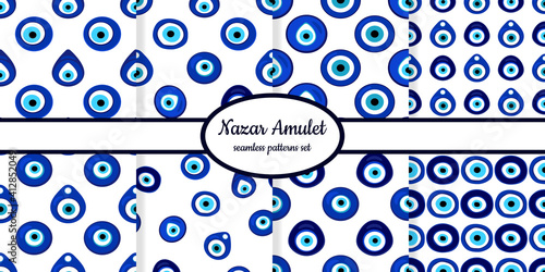 Collection of seamless patterns with Nazar amulet symbols designed for web, fabric, paper and all prints 