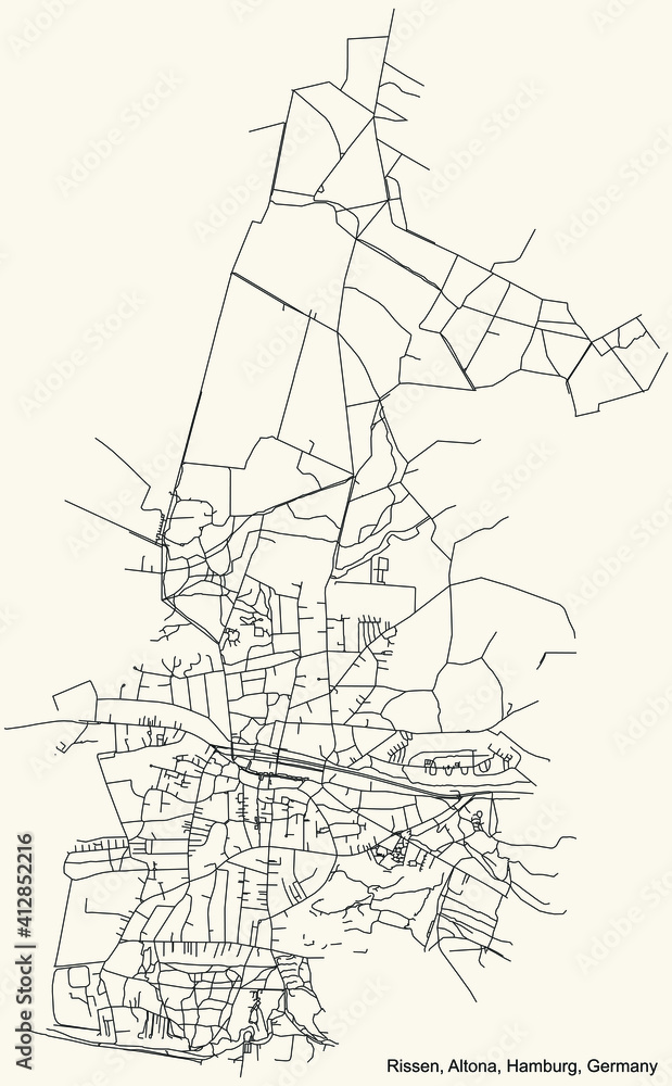 Black simple detailed street roads map on vintage beige background of the neighbourhood Rissen quarter of the Altona borough (bezirk) of the Free and Hanseatic City of Hamburg, Germany