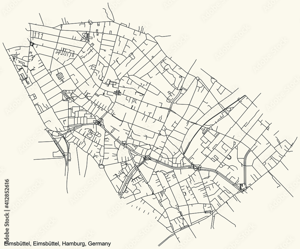 Black simple detailed street roads map on vintage beige background of the neighbourhood Eimsbüttel quarter of the Eimsbüttel borough (bezirk) of the Free and Hanseatic City of Hamburg, Germany