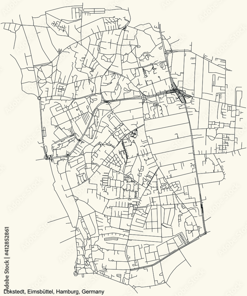 Black simple detailed street roads map on vintage beige background of the neighbourhood Lokstedt quarter of the Eimsbüttel borough (bezirk) of the Free and Hanseatic City of Hamburg, Germany