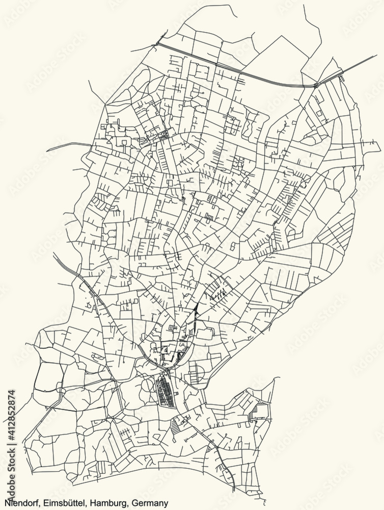 Black simple detailed street roads map on vintage beige background of the neighbourhood Niendorf quarter of the Eimsbüttel borough (bezirk) of the Free and Hanseatic City of Hamburg, Germany