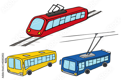 Set of color images of public transport, bus and trolleybus. Electric tram transport. Hand-drawn doodle isolated colored objects with contour on a white.