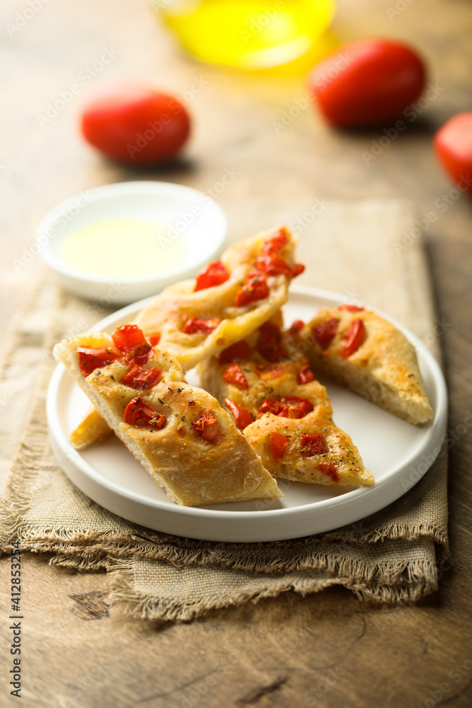 Delicious homemade focaccia bread with tomatoes