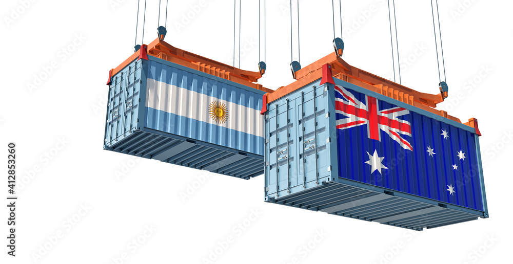 Freight containers with Argentina and Australia flag. 3D Rendering 