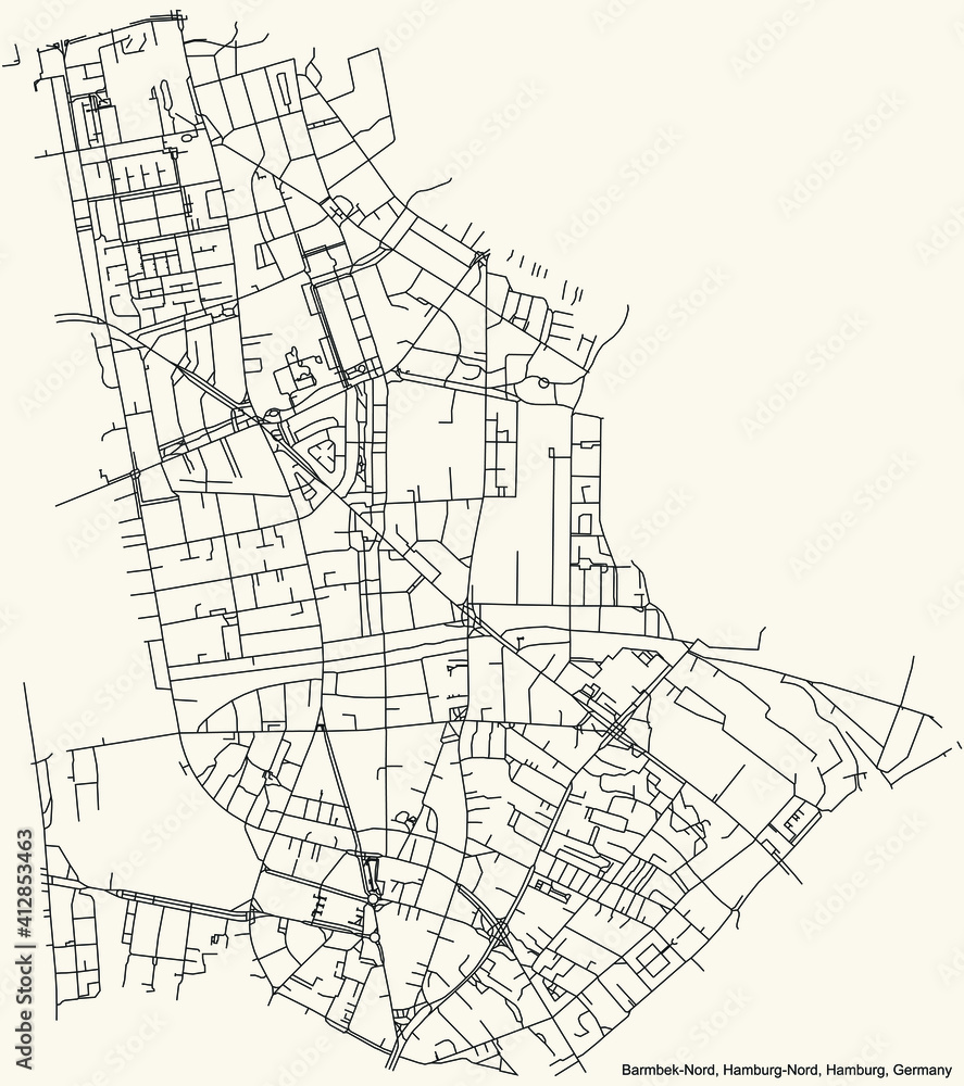Black simple detailed street roads map on vintage beige background of the neighbourhood Barmbek-Nord quarter of the Hamburg-Nord borough (bezirk) of the Free and Hanseatic City of Hamburg, Germany