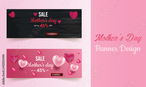 Mother's Day sale banners and flyers design set with beautiful gift box, paper hearts. Trendy holiday Sale kit, social and fashion ads.