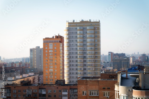 urban autumn landscape, multi-storey buildings against the blue sky in Rostov-on-Don
