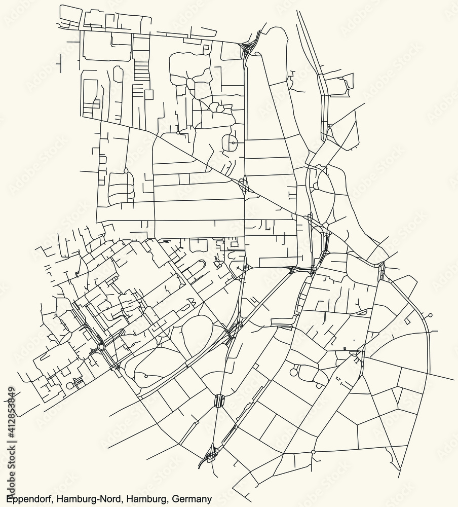 Black simple detailed street roads map on vintage beige background of the neighbourhood Eppendorf quarter of the Hamburg-Nord borough (bezirk) of the Free and Hanseatic City of Hamburg, Germany