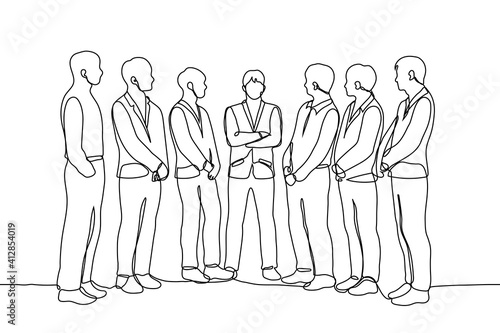 crowd of men in business suits are looking at the man in the center. one line drawing subordinates with their hands down, look at the boss confidently standing with crossed arms.