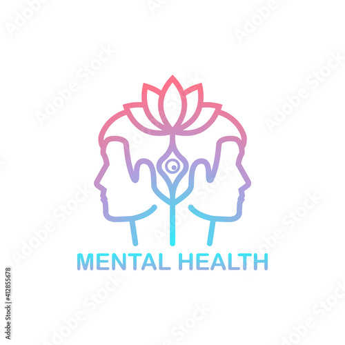 Mental health logo. Two heads are connected with a flower as a symbol of calmness. Psychological help, psychiatry concept. Cognitive development. Vector illustration flat design. Psychiatry concept.