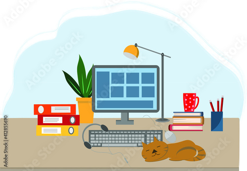 workplace at home with computer, books, flower, cup of tea and sleeping cat, vector illustration, flat illustration