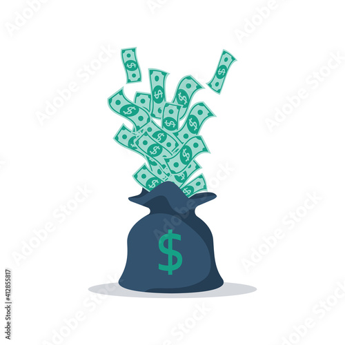 Full bag of money. Dollar bills fly out of the bag. Vector illustration flat design. Isolated on white background. Template for quick money, loans. Cash icon.