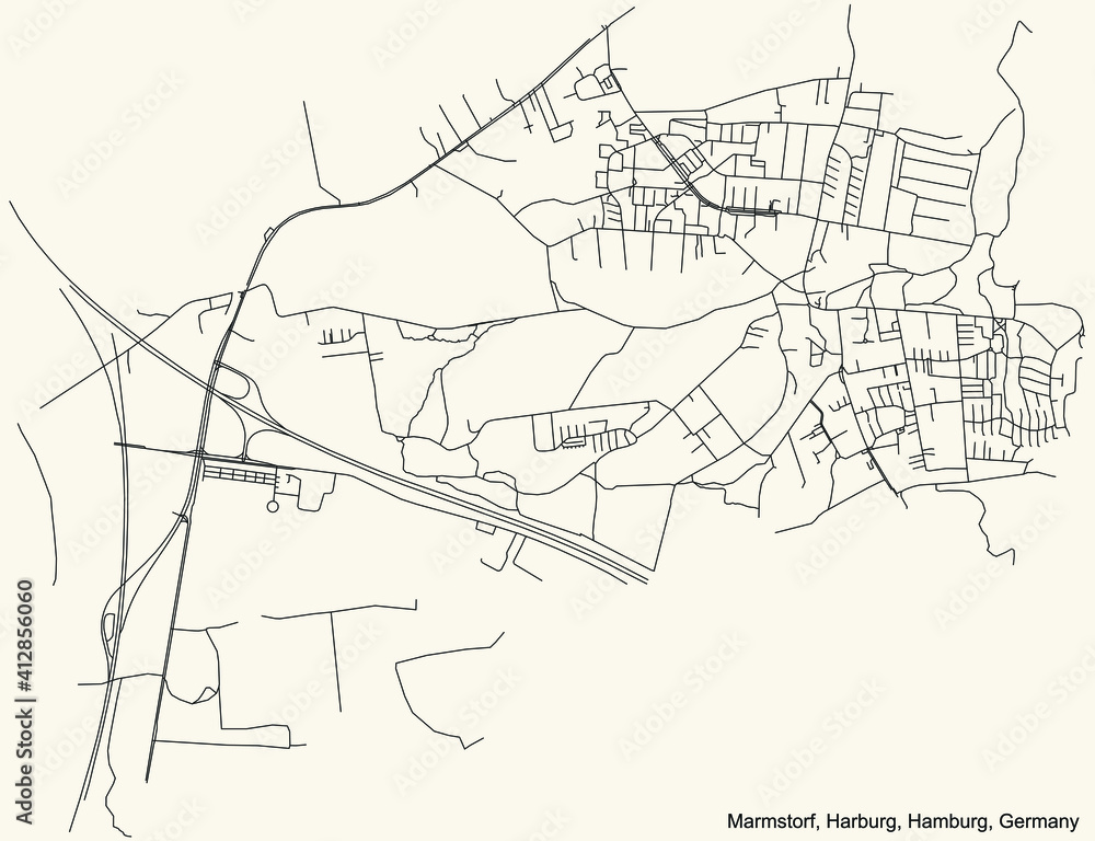 Black simple detailed street roads map on vintage beige background of the neighbourhood Marmstorf quarter of the Harburg borough (bezirk) of the Free and Hanseatic City of Hamburg, Germany