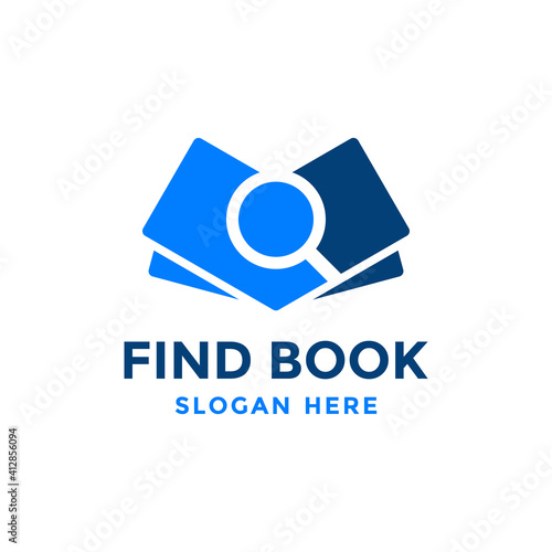 Find book logo design template. Book icon with magnifying glass combination. Review search symbol. Concept of analysing, correcting, evaluating, surveying, etc.