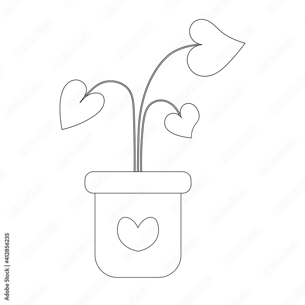 Heart flower grows in a pot. Heart ornament. Sketch. Growing love. Vector illustration. Outline on an isolated white background. Coloring book for children. Valentines Day. Doodle style. Flowering. Heart flower grows in a pot. Heart ornament. Sketch. Growing love. Vector illustration. Outline on an isolated white background. Coloring book for children. Valentines Day. Doodle style. Flowering.