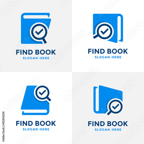 Set of find book logo design template. Book icon with magnifying glass combination. Review search symbol. Concept of analysing, correcting, evaluating, surveying, etc.