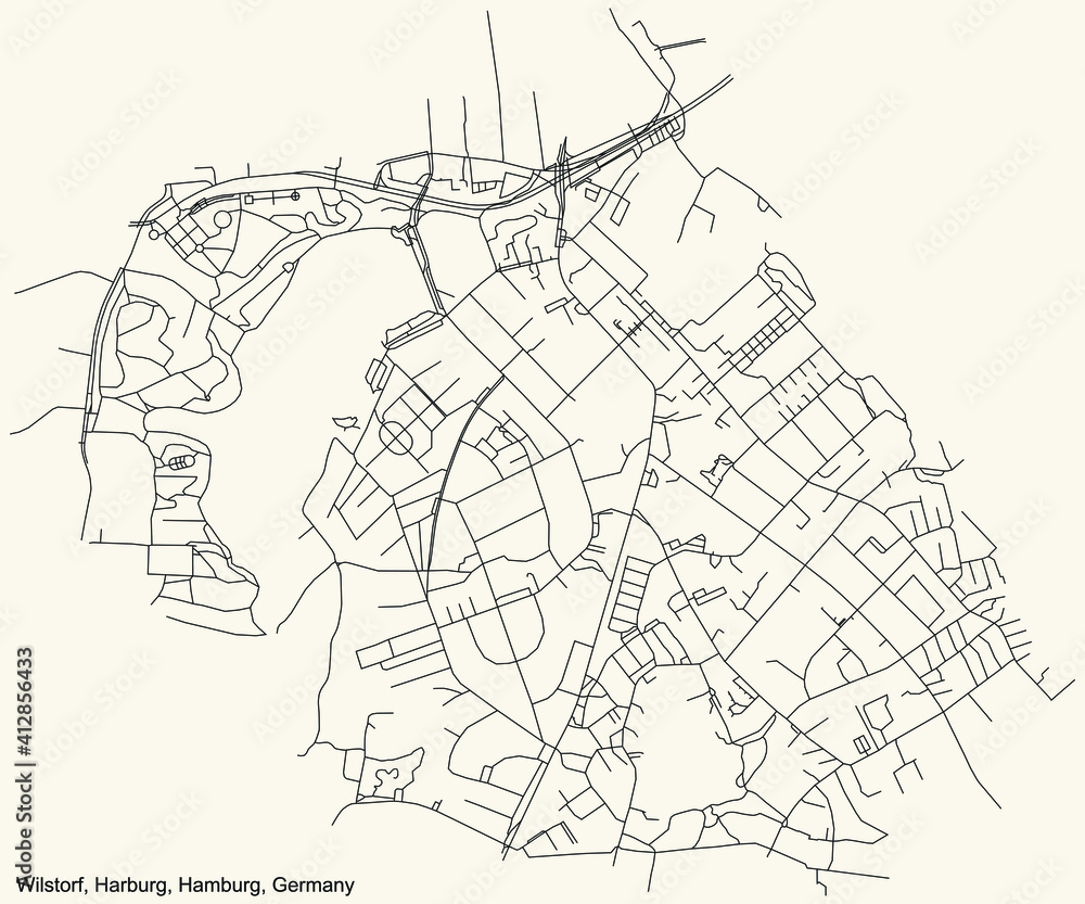 Black simple detailed street roads map on vintage beige background of the neighbourhood Wilstorf quarter of the Harburg borough (bezirk) of the Free and Hanseatic City of Hamburg, Germany