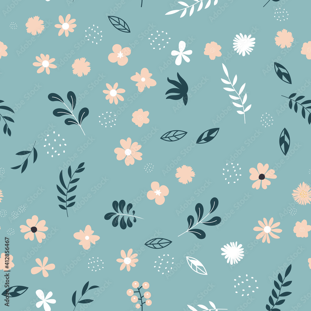 Seamless Pattern Background with Simple Flower and Leaves Design Elements. Vector Illustration EPS10