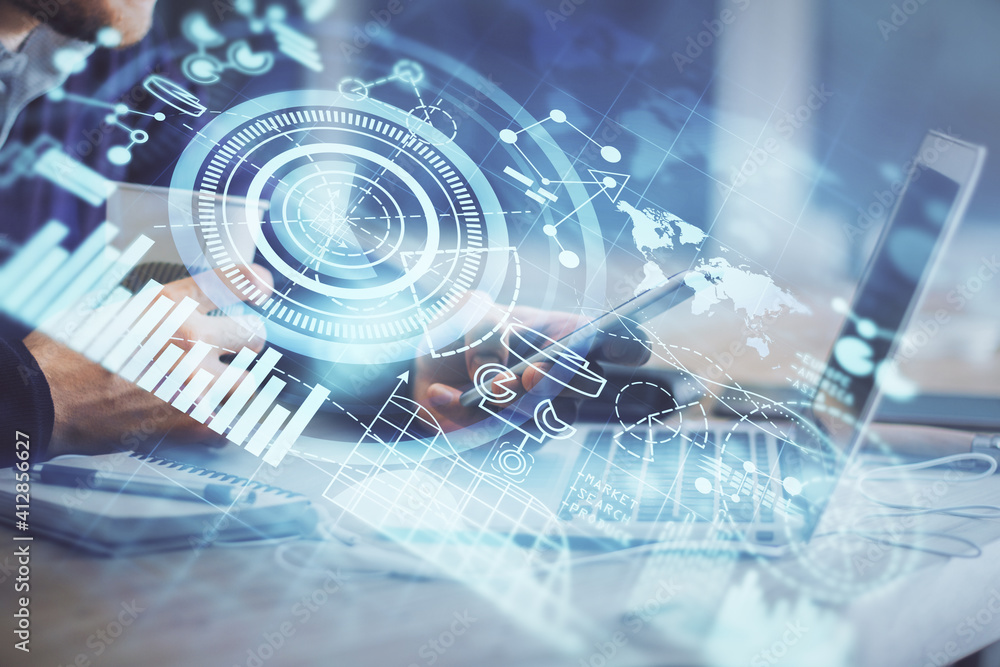 Double exposure of man's hands holding and using a phone and international business theme drawing. Double exposure of man's hands holding and using a phone and international business theme drawing.