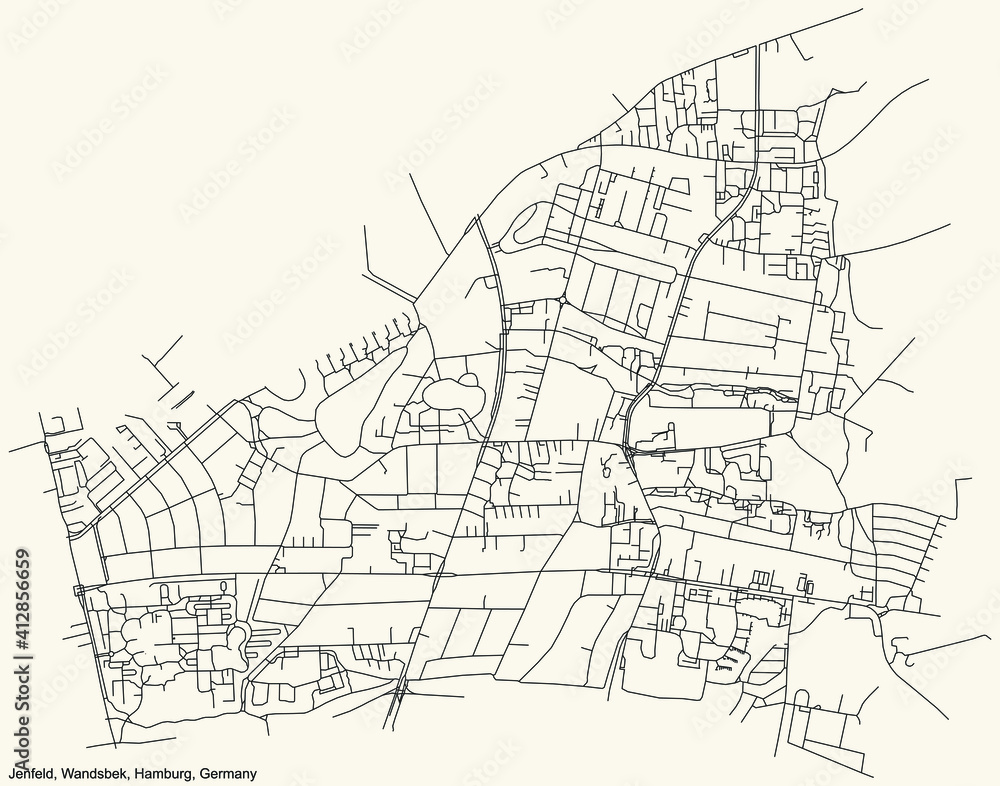 Black simple detailed street roads map on vintage beige background of the neighbourhood Jenfeld quarter of the Wandsbek borough (bezirk) of the Free and Hanseatic City of Hamburg, Germany