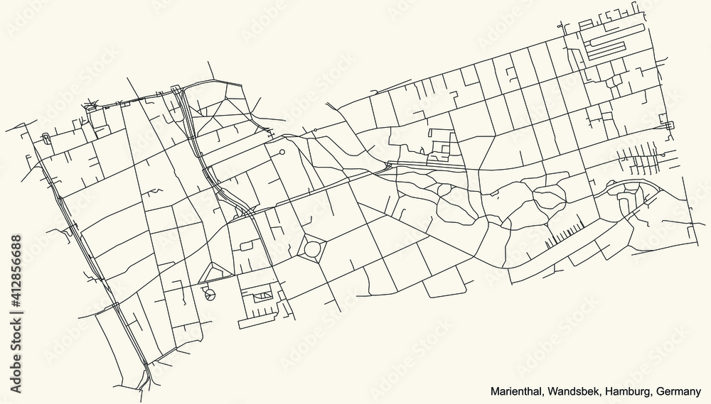 Fototapeta premium Black simple detailed street roads map on vintage beige background of the neighbourhood Marienthal quarter of the Wandsbek borough (bezirk) of the Free and Hanseatic City of Hamburg, Germany