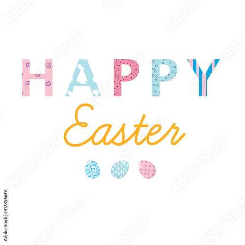 Nice colourful greeting card with text Happy Easter and painted eggs elements composition isolated on white background. Pastel colours. EPS10 vector file organised in layers for easy editing. 