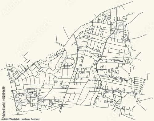 Black simple detailed street roads map on vintage beige background of the neighbourhood Jenfeld quarter of the Wandsbek borough (bezirk) of the Free and Hanseatic City of Hamburg, Germany