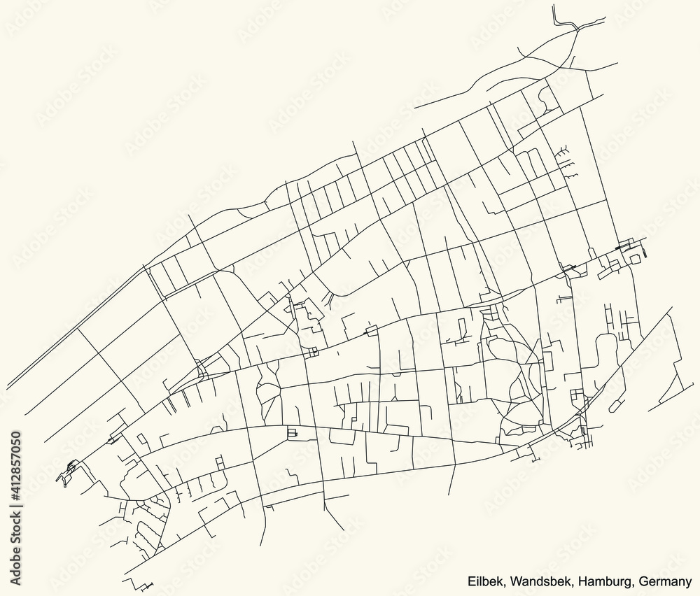 Black simple detailed street roads map on vintage beige background of the neighbourhood Eilbek quarter of the Wandsbek borough (bezirk) of the Free and Hanseatic City of Hamburg, Germany