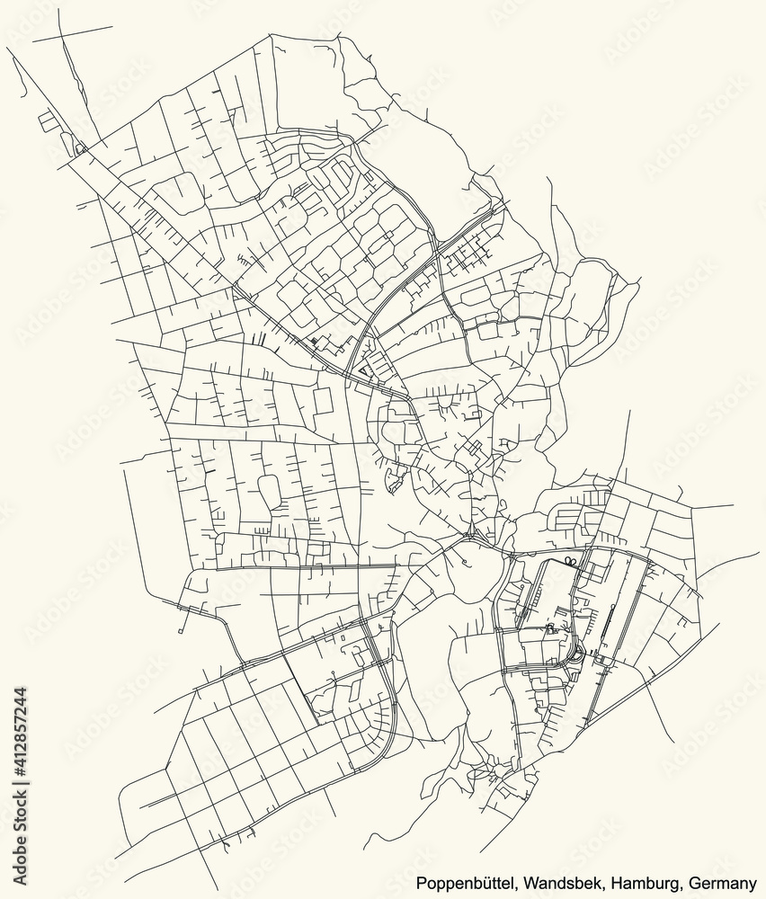 Black simple detailed street roads map on vintage beige background of the neighbourhood Poppenbüttel quarter of the Wandsbek borough (bezirk) of the Free and Hanseatic City of Hamburg, Germany