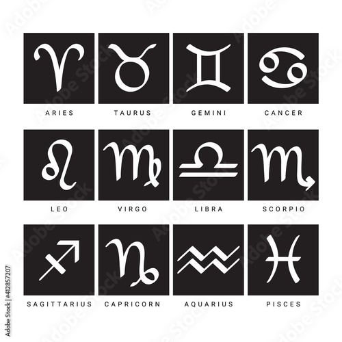 Zodiac sign. Astrological symbols of the twelve zodiacal constellations isolated on black background. Vector illustration
